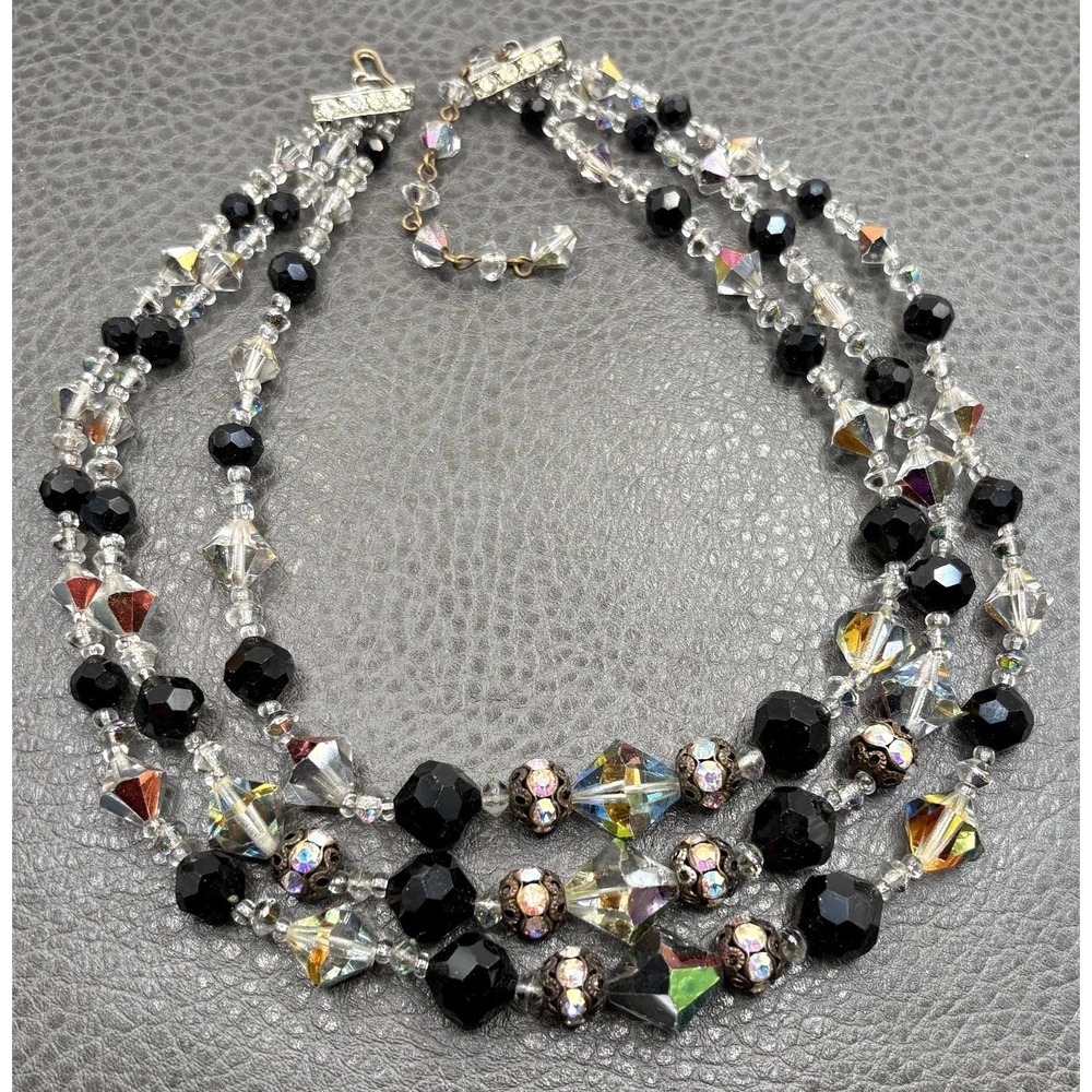 VTG Chunky 3-Strand Black & AB Crystal Glass Bead Necklace Rhinestone Statement